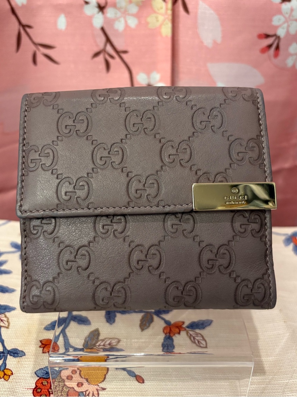 GUCCI Guccissima Leather French Flap Wallet Dusky Mauve COA